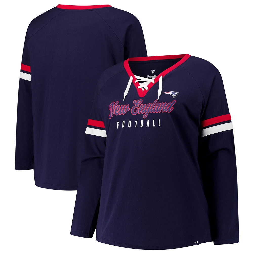 T-shirt à manches longues et col en V lacets pour femmes Fanatics Navy New England Patriots grande taille Won & Done