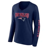 T-shirt à manches longues et col en V Fanatics pour femmes, bleu marine, New England Patriots