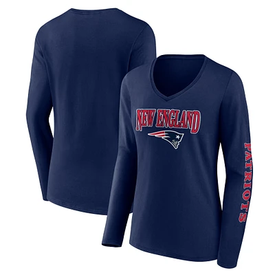 T-shirt à manches longues et col en V Fanatics pour femmes, bleu marine, New England Patriots