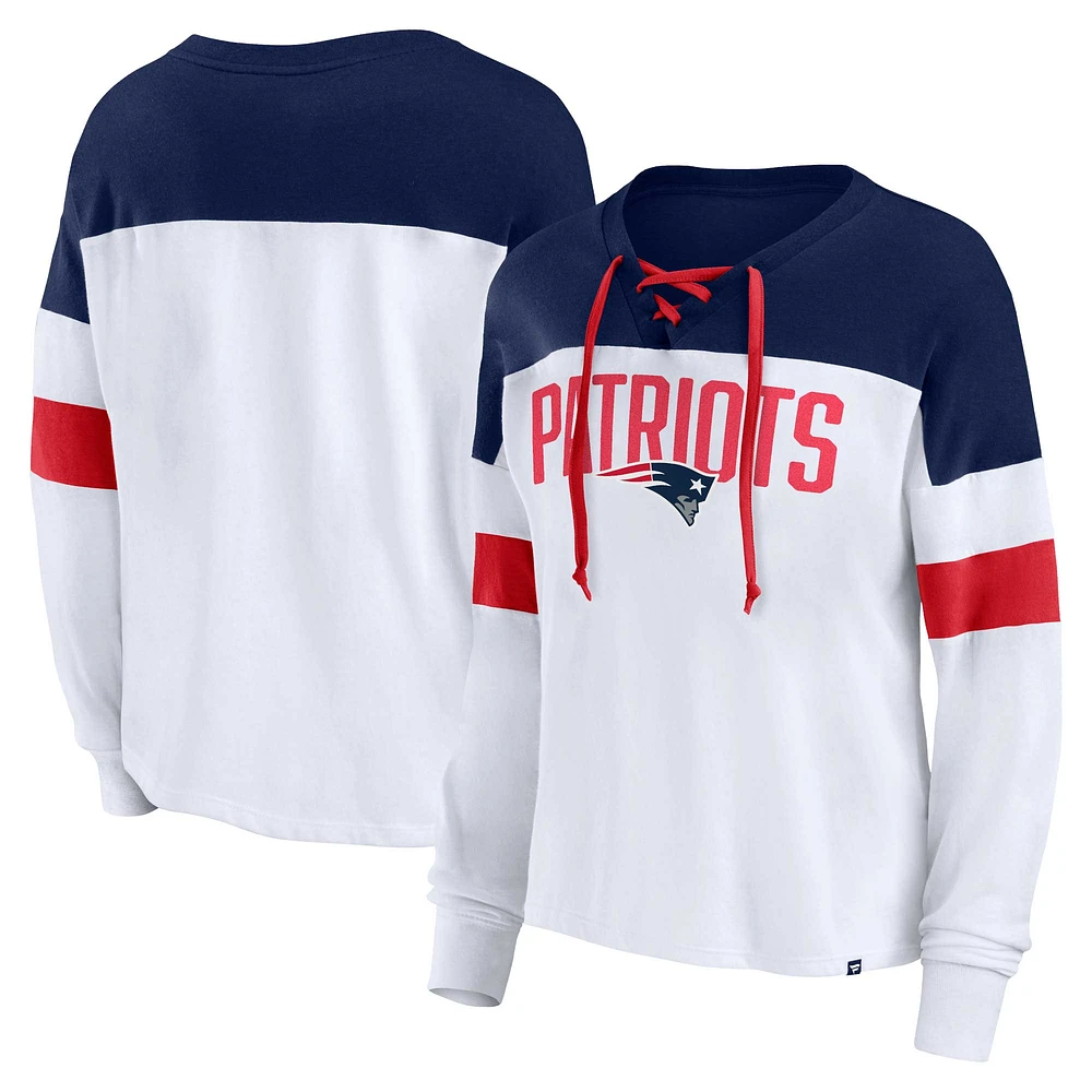 Fanatics pour femmes, blanc/bleu marine, New England Patriots, haut à manches longues lacets et col en V, grande taille, même match