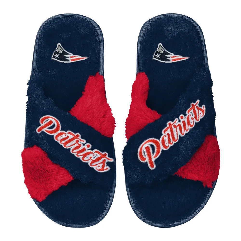 Lids New England Patriots FOCO Women's Two-Tone Crossover Faux Fur Slippers - Navy Alexandria Mall