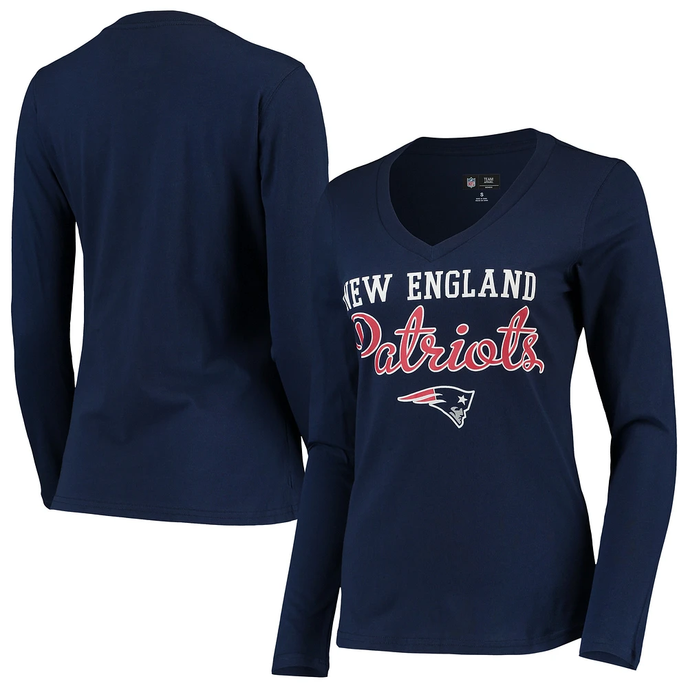 T-shirt à manches longues et col en V pour femmes G-III 4Her par Carl Banks, bleu marine, New England Patriots Post Season