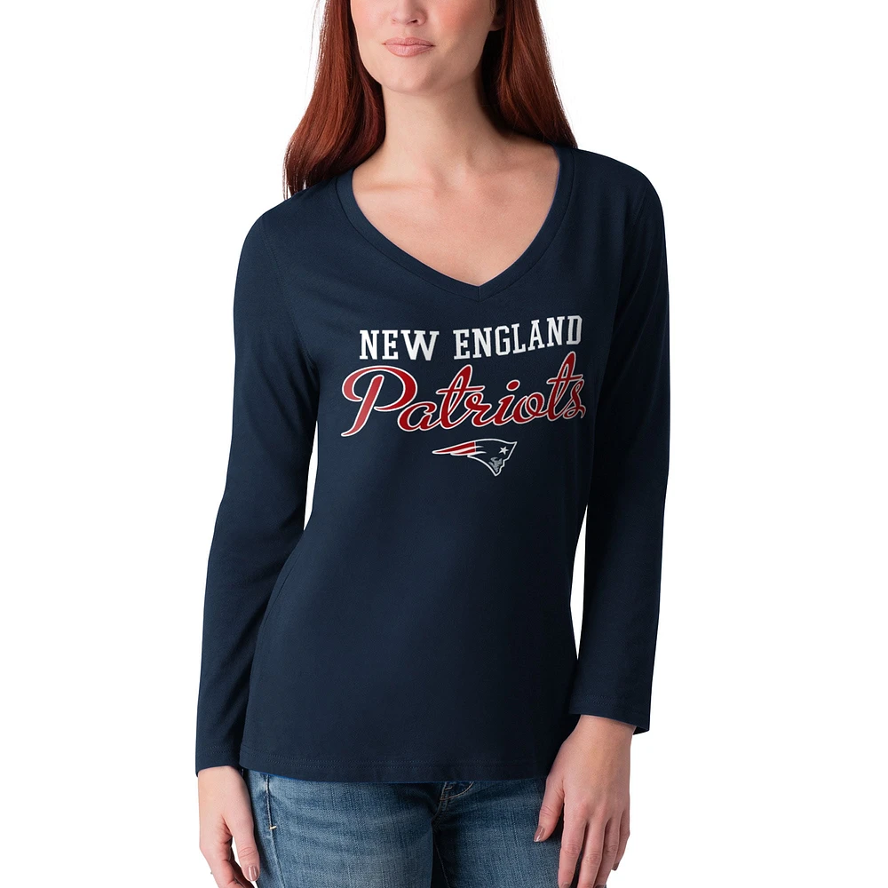 Women's G-III 4Her by Carl Banks Navy New England Patriots Post Season Team - Long Sleeve V-Neck T-Shirt