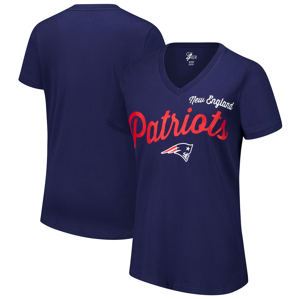 T-shirt col en V d'après-saison G-III 4Her by Carl Banks pour femme, bleu marine, des New England Patriots