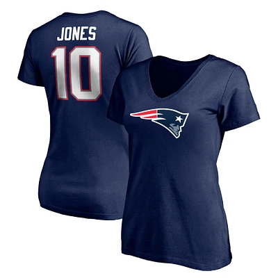 Mac Jones Navy New England Patriots T-shirt à col en V pour femmes, grande taille, Fair Catch Name & Number