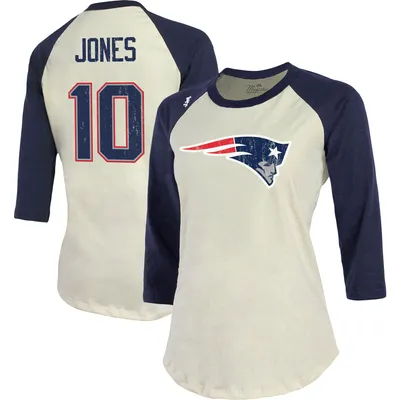 Mac Jones New England Patriots Majestic Threads Women's Player Name & Number Raglan 3/4-Sleeve T-Shirt - Cream/Navy
