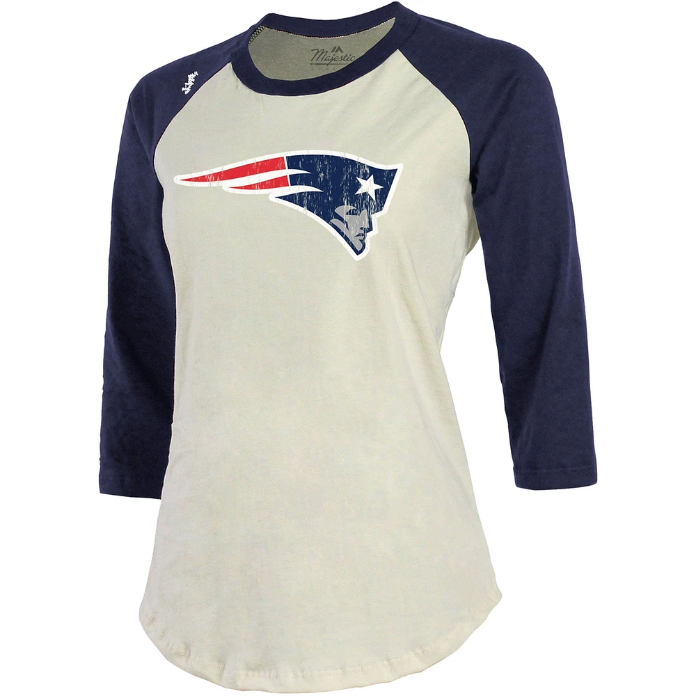 Women's Majestic Threads Mac Jones Cream New England Patriots Player Name & Number Tri-Blend Three-Quarter Sleeve T-Shirt