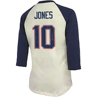 Women's Majestic Threads Mac Jones Cream New England Patriots Player Name & Number Tri-Blend Three-Quarter Sleeve T-Shirt