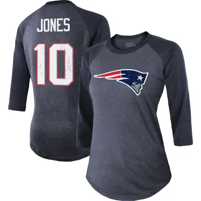 Mac Jones New England Patriots Majestic Threads Women's Player Name & Number Raglan Tri-Blend 3/4-Sleeve T-Shirt - Navy