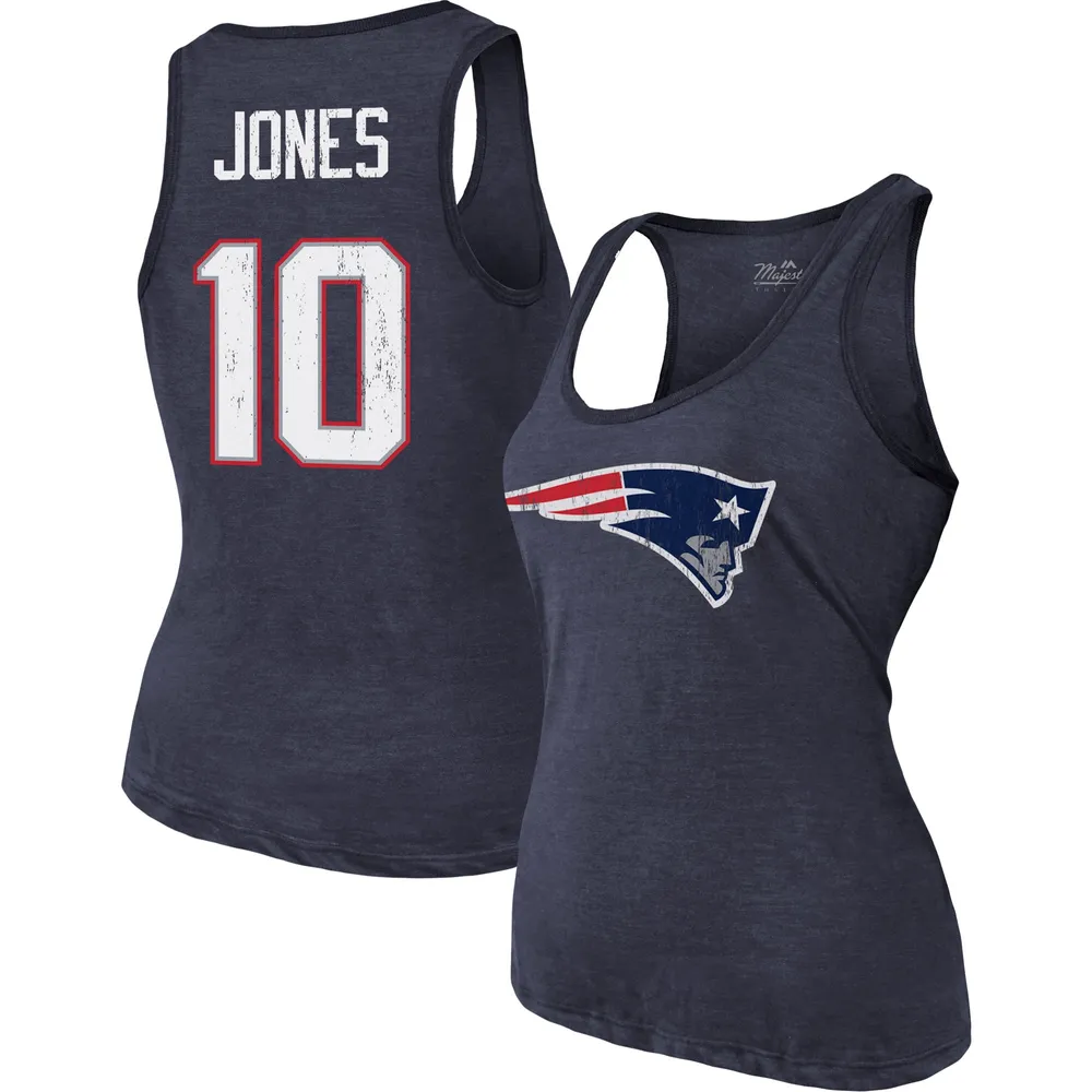 Débardeur tri-mélange Majestic Threads Mac Jones bleu marine New England Patriots avec nom et numéro de joueur pour femmes