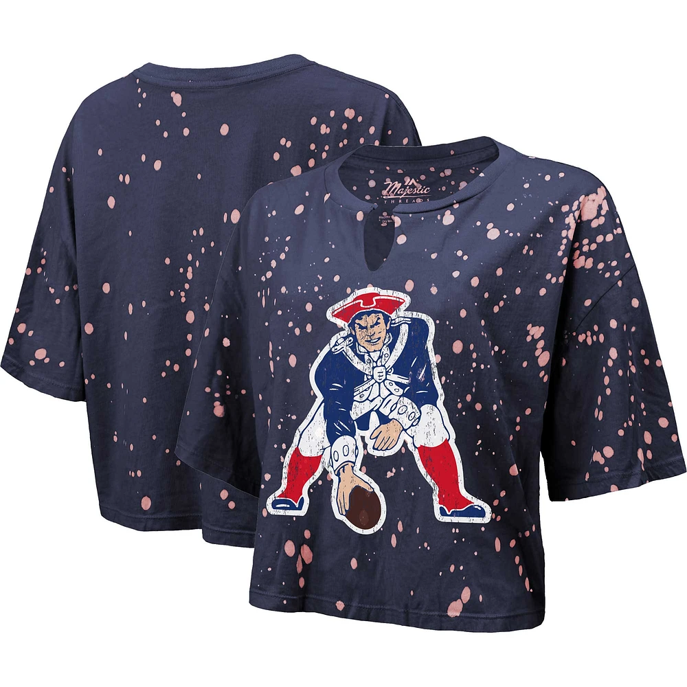 Women's Majestic Threads Navy New England Patriots Bleach Splatter Notch Neck Crop T-Shirt