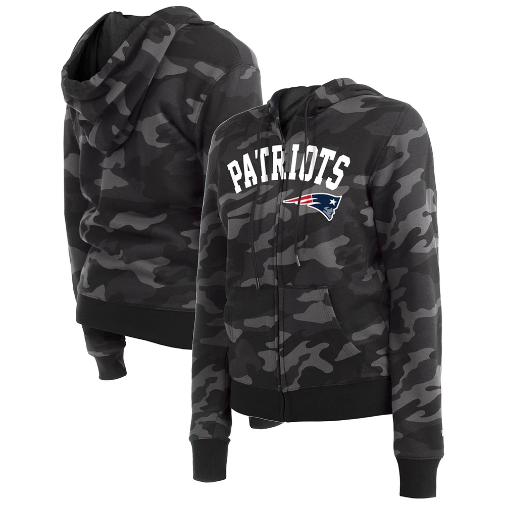 Sweat à capuche noir avec fermeture éclair et camouflage des New England Patriots Era pour femme