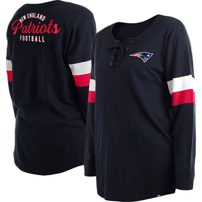 Women's New Era Navy England Patriots Plus Athletic Varsity Lace-Up V-Neck Long Sleeve T-Shirt