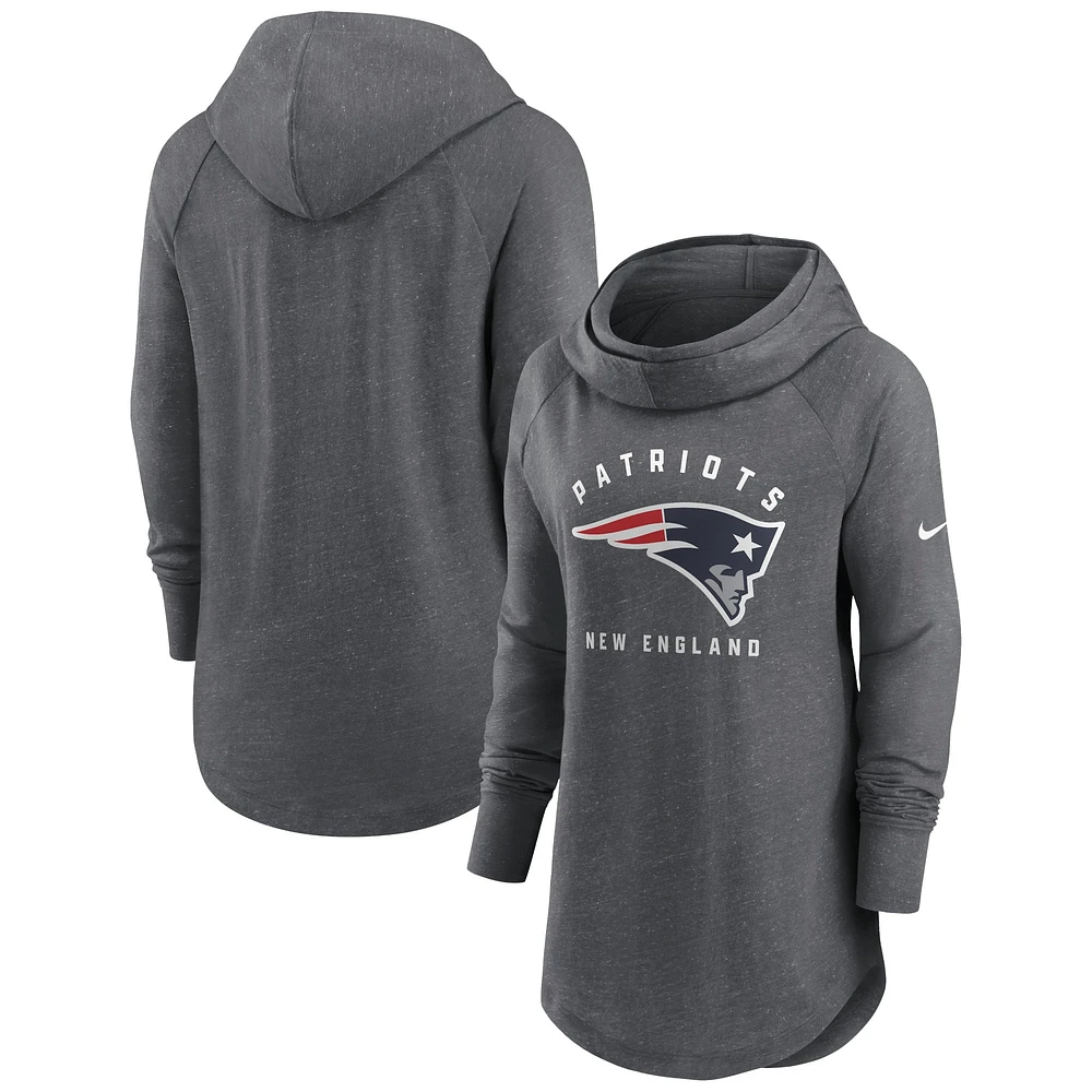 Sweat à capuche raglan col cheminée Nike Heather Charcoal pour femmes des New England Patriots