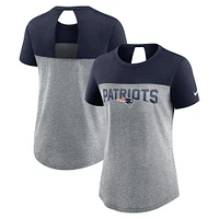 T-shirt à trois mélanges tendance Nike New England Patriots Wordmark Keyhole Fashion pour femme, anthracite chiné/bleu marine