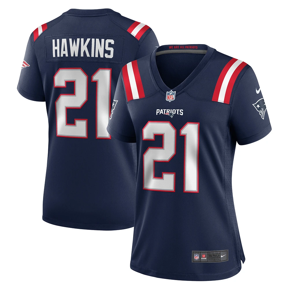 Maillot de match Nike Jaylinn Hawkins bleu marine pour femme des New England Patriots