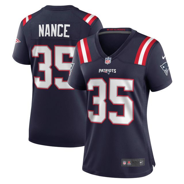 Maillot de joueur retraité Nike Jim Nance pour femme des New England Patriots, bleu marine