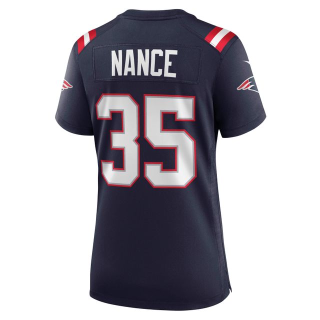 Maillot de joueur retraité Nike Jim Nance pour femme des New England Patriots, bleu marine