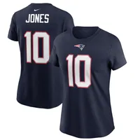 T-shirt avec nom et numéro de joueur des New England Patriots Nike Mac Jones bleu marine pour femme