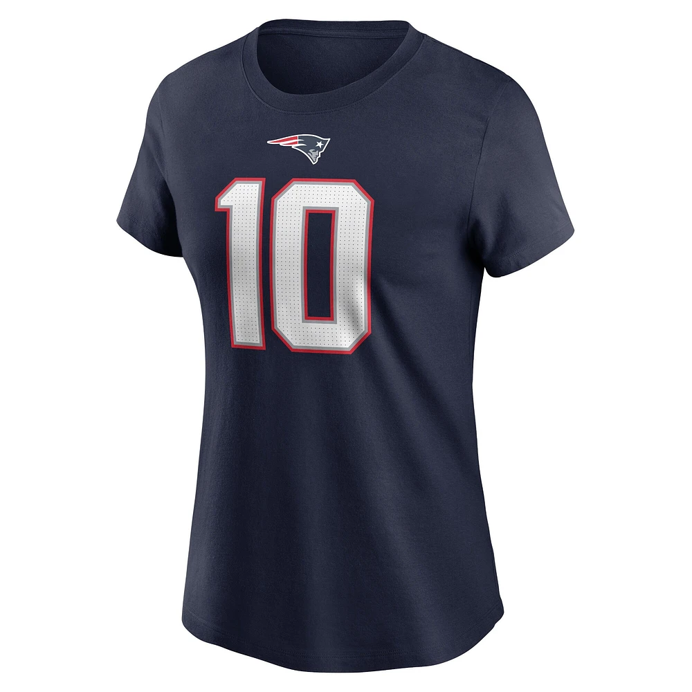 T-shirt avec nom et numéro de joueur des New England Patriots Nike Mac Jones bleu marine pour femme