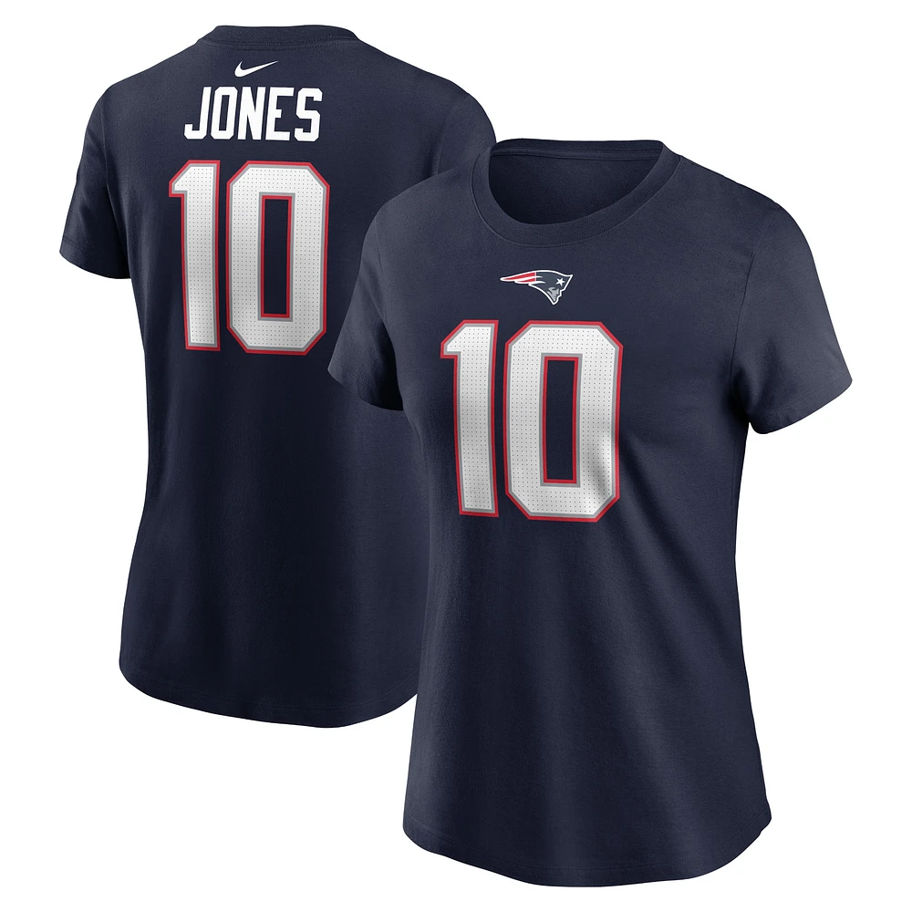 T-shirt avec nom et numéro de joueur des New England Patriots Nike Mac Jones bleu marine pour femme