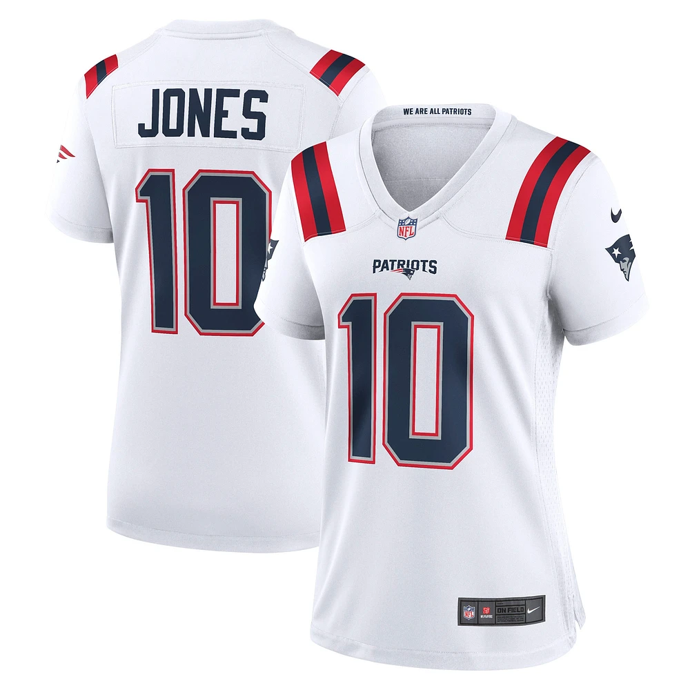 Maillot de joueur Nike Mac Jones blanc des New England Patriots pour femme