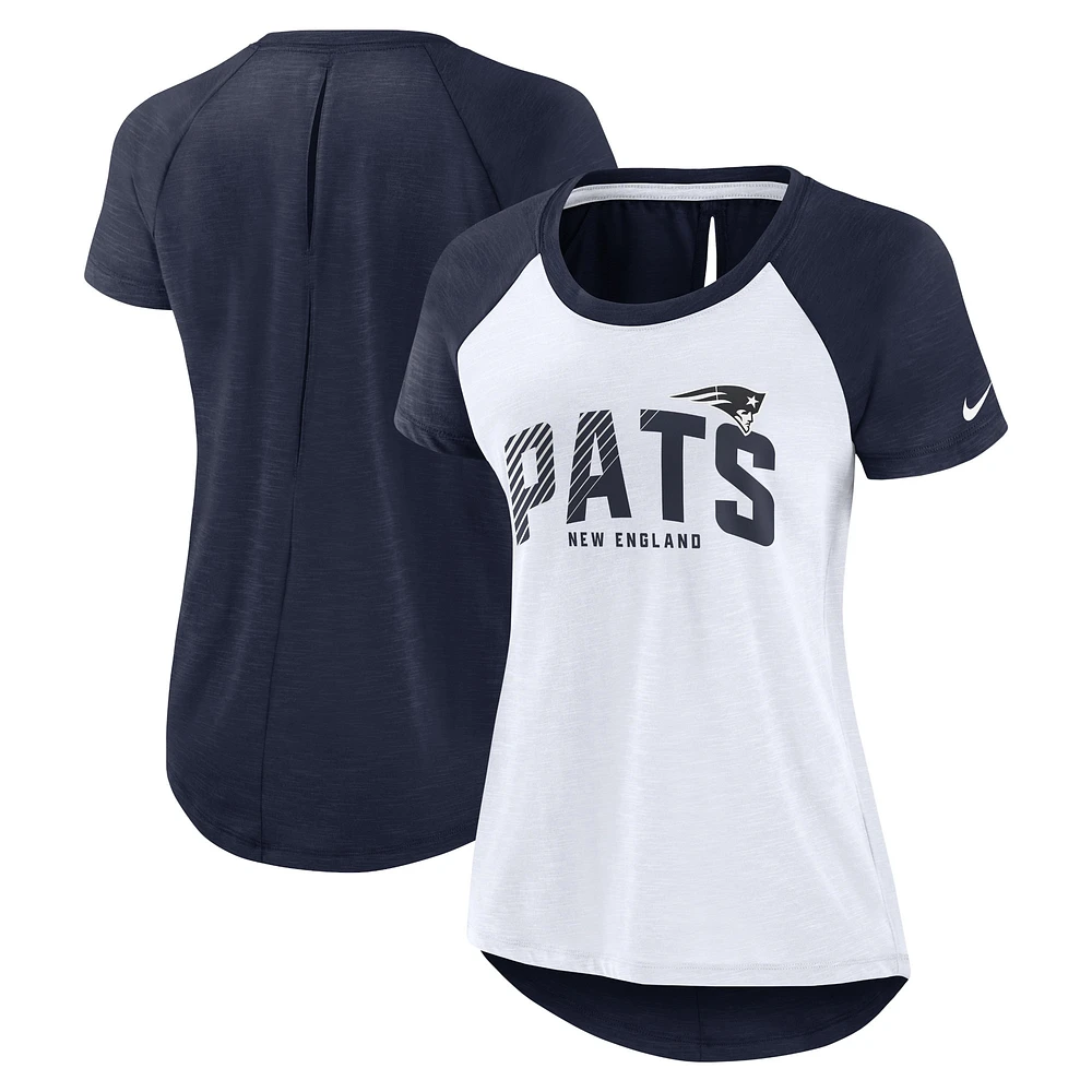 T-shirt à manches raglan Nike New England Patriots Primetime pour femme - Bleu marine/blanc