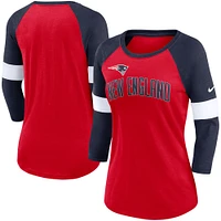 T-shirt à manches 3/4 raglan Nike New England Patriots pour femme, rouge chiné/bleu marine chiné Football Pride