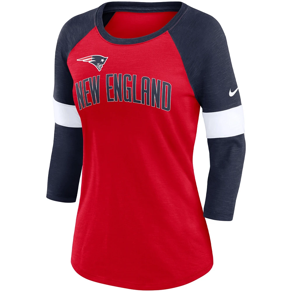 T-shirt à manches 3/4 raglan Nike New England Patriots pour femme, rouge chiné/bleu marine chiné Football Pride