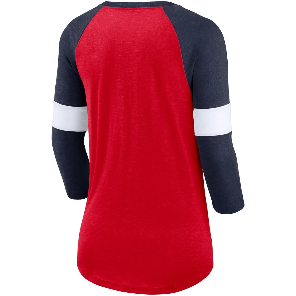 T-shirt à manches 3/4 raglan Nike New England Patriots pour femme, rouge chiné/bleu marine chiné Football Pride