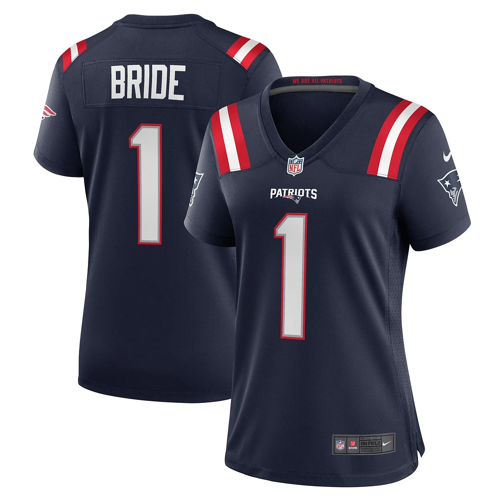 Maillot de match des New England Patriots Nike numéro 1 Bride pour femme, bleu marine