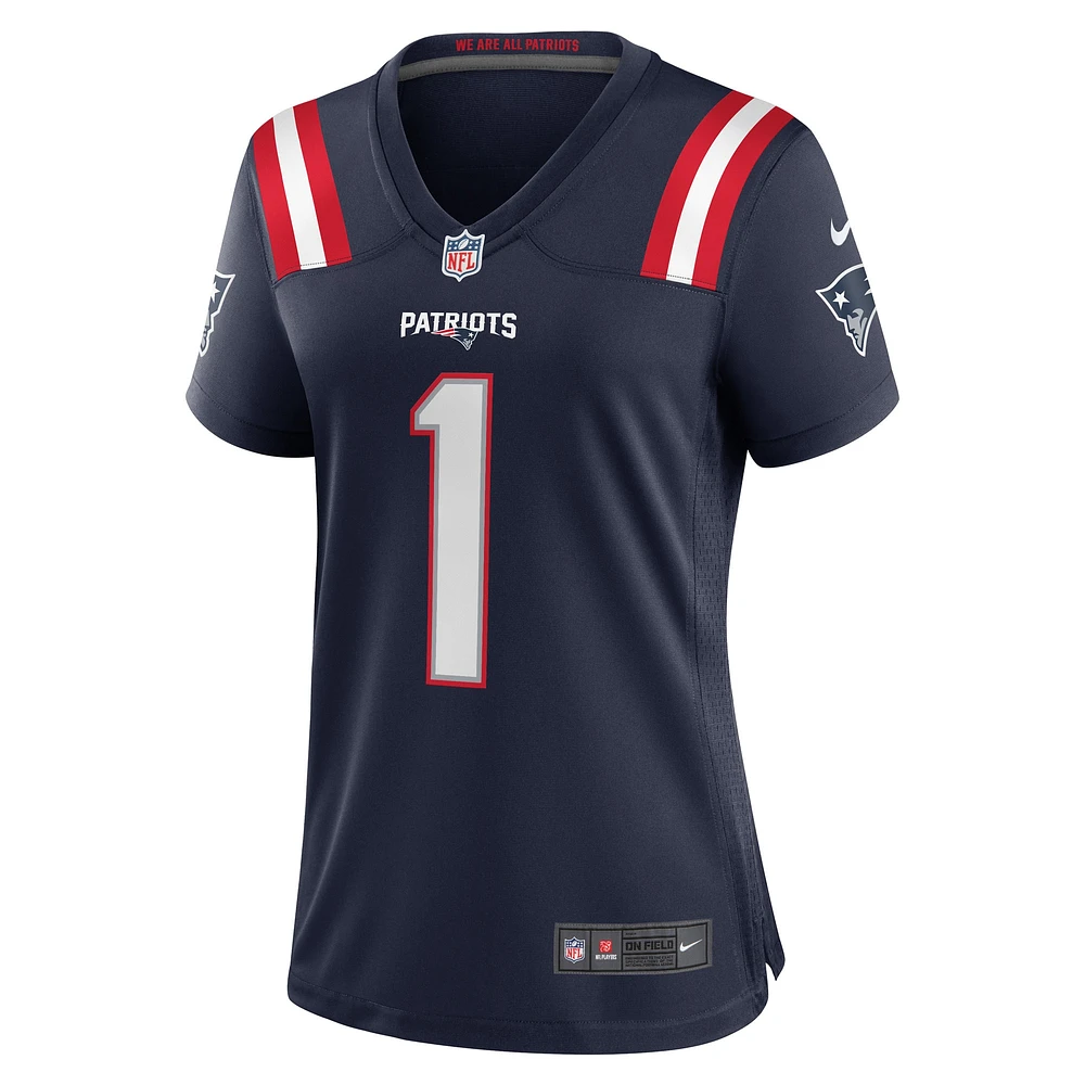 Maillot de match des New England Patriots Nike numéro 1 Bride pour femme, bleu marine