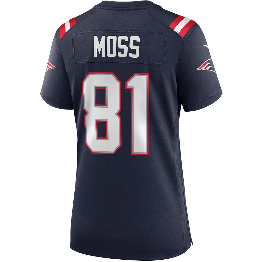 Maillot de joueur retraité du match des New England Patriots Nike Randy Moss pour femme, bleu marine