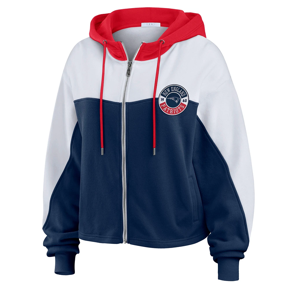 Women's WEAR by Erin Andrews Navy/White New England Patriots Color Block Full-Zip Hoodie