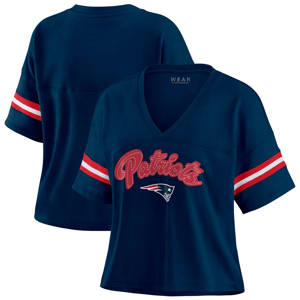 T-shirt à blocs de couleurs bleu marine/blanc pour femme WEAR by Erin Andrews, grande taille, style boxy, New England Patriots