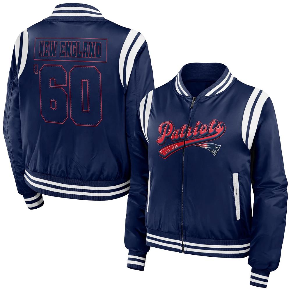 Veste aviateur entièrement zippée bleu marine New England Patriots WEAR by Erin Andrews pour femme