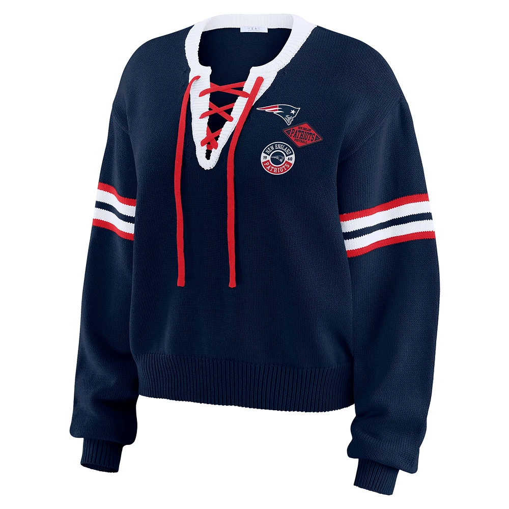 Women's WEAR by Erin Andrews Navy  New England Patriots Lace-Up Sweater