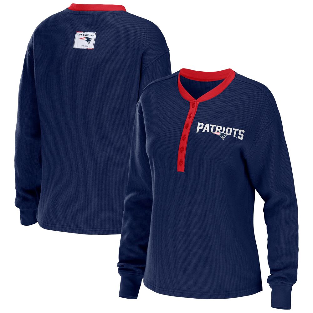 Women's WEAR by Erin Andrews Navy New England Patriots Waffle Henley Long Sleeve T-Shirt