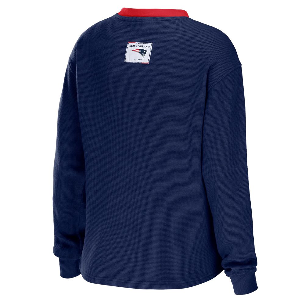 Women's WEAR by Erin Andrews Navy New England Patriots Waffle Henley Long Sleeve T-Shirt