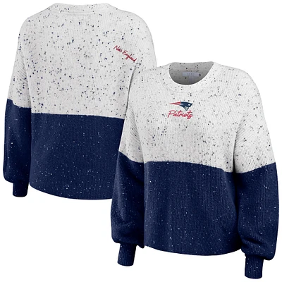 Women's WEAR by Erin Andrews  White/Navy New England Patriots Lighweight Modest Crop Color-Block Pullover Sweater