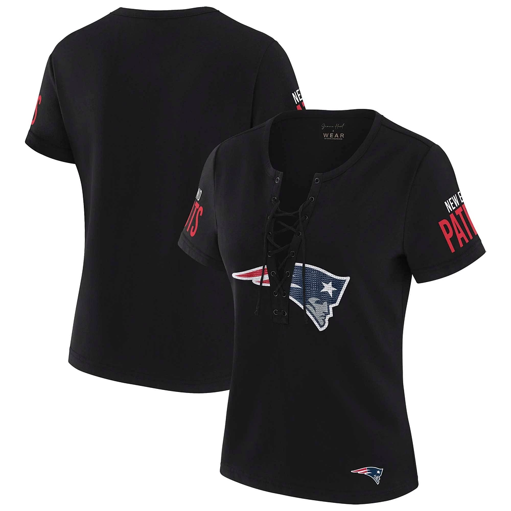 Women's WEAR by Erin Andrews x Gracie Hunt Black New England Patriots Draft Me Lace-Up T-Shirt