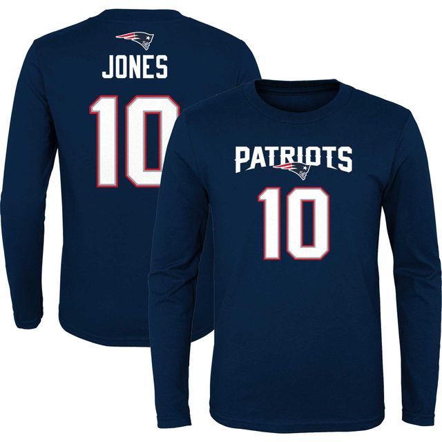 T-shirt à manches longues pour jeunes Mac Jones Navy New England Patriots Mainliner Nom et numéro du joueur