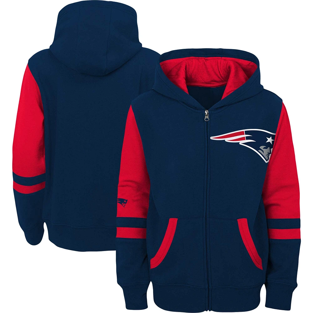 Chandail à capuchon glissière pleine longueur bleu marine New England Patriots colorblock pour jeune