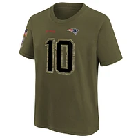 T-shirt Nike Mac Jones pour jeunes avec nom et numéro Salute To Service des New England Patriots Olive