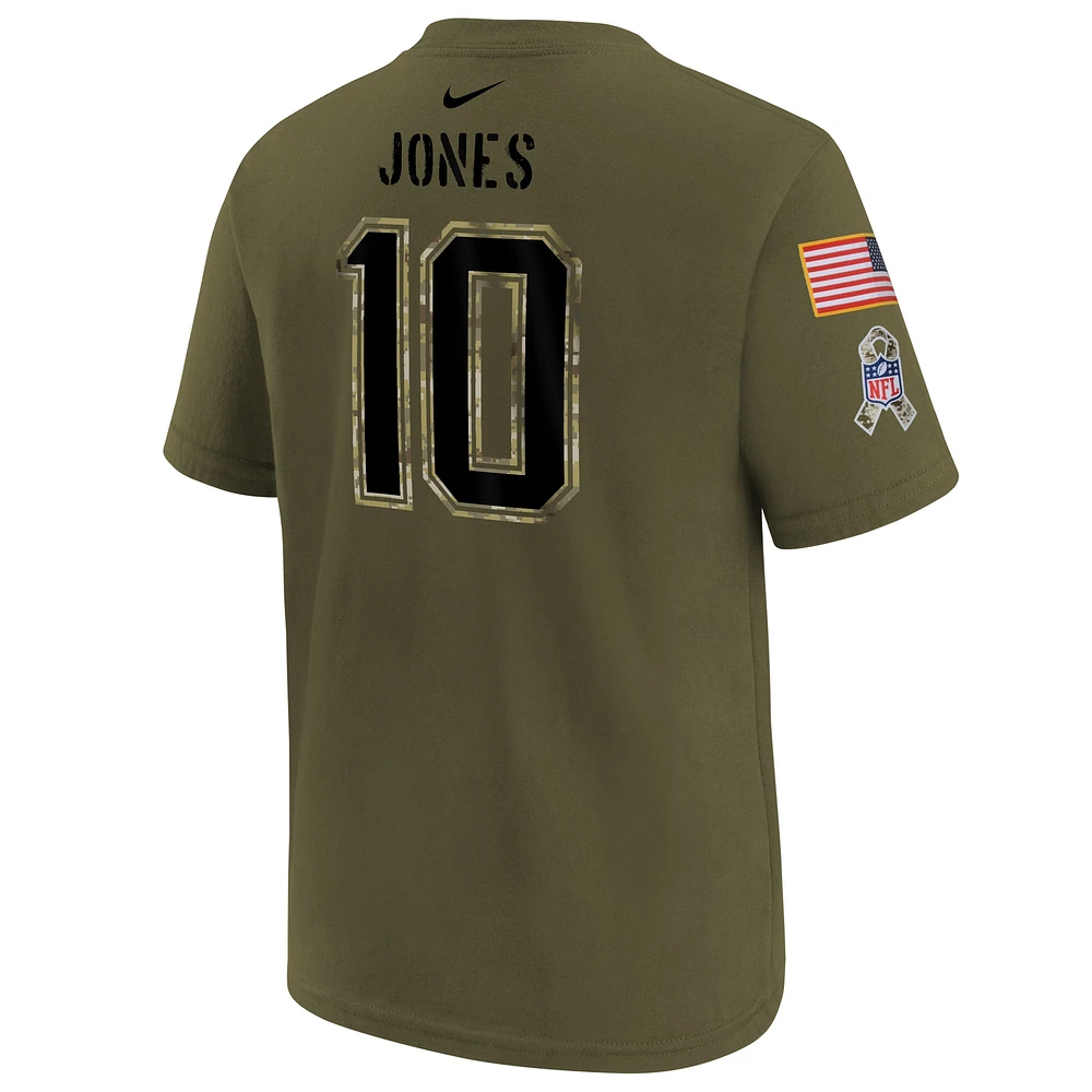 T-shirt Nike Mac Jones pour jeunes avec nom et numéro Salute To Service des New England Patriots Olive