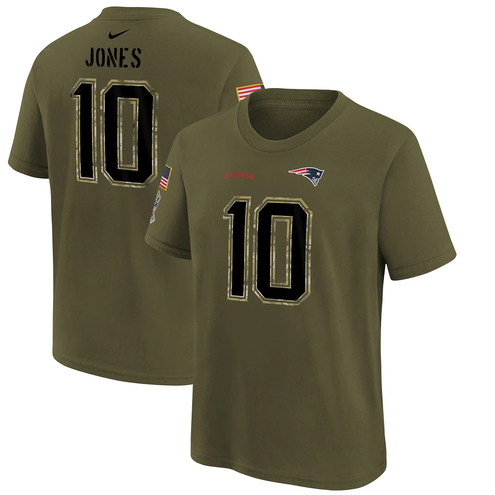 T-shirt Nike Mac Jones pour jeunes avec nom et numéro Salute To Service des New England Patriots Olive