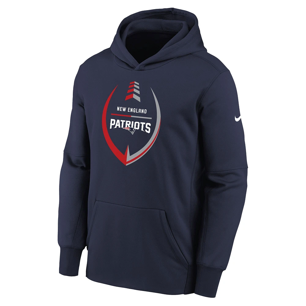 Chandail à capuchon Therma iconique des Patriots de la Nouvelle-Angleterre Nike bleu marine pour jeune