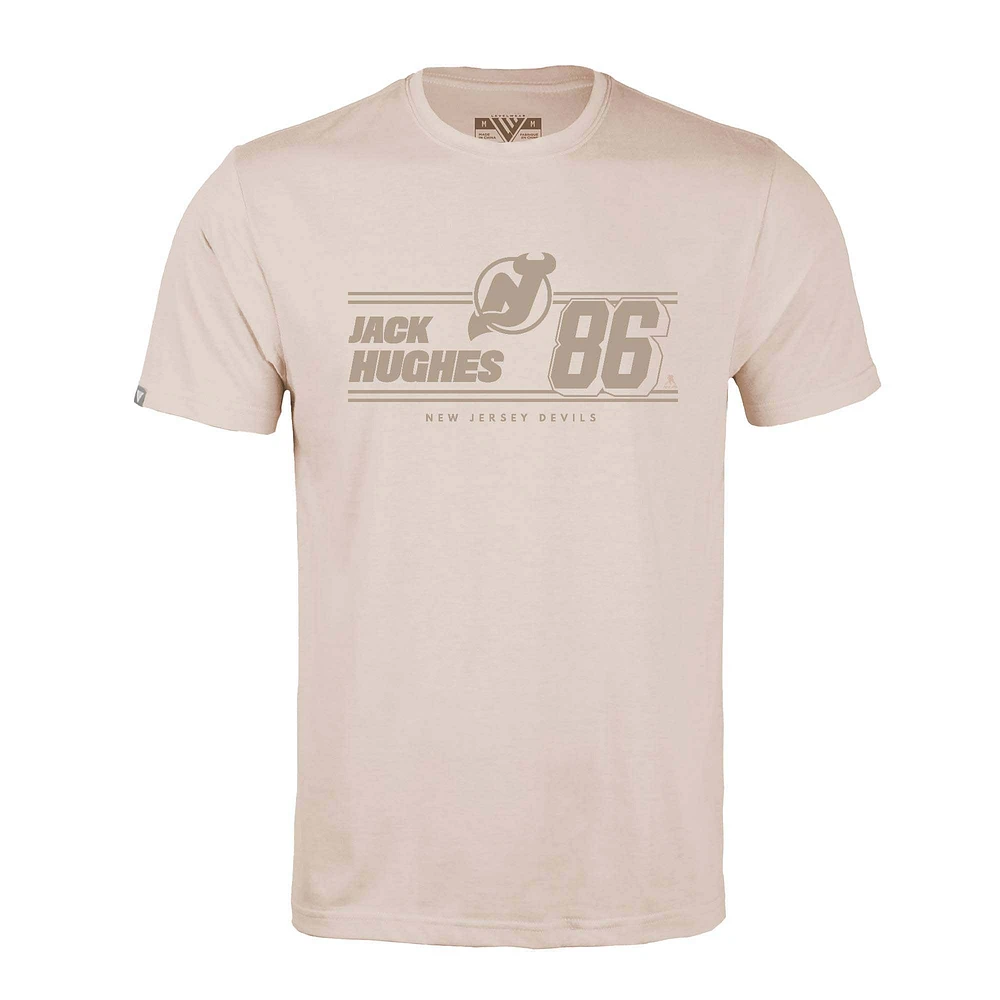 Men's Levelwear Jack Hughes Khaki New Jersey Devils Richmond Mileage Name & Number T-Shirt