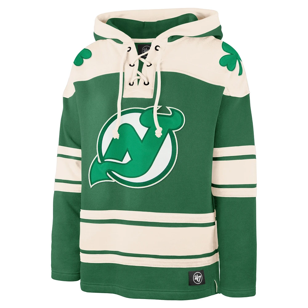Sweat à capuche lacets avec nom et numéro de joueur Jack Hughes Kelly Green New Jersey Devils St. Patrick's Day pour homme