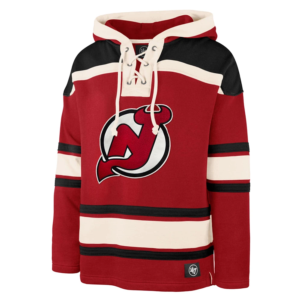 Men's '47 Jack Hughes Red New Jersey Devils Big & Tall Lace-up Pullover Hoodie